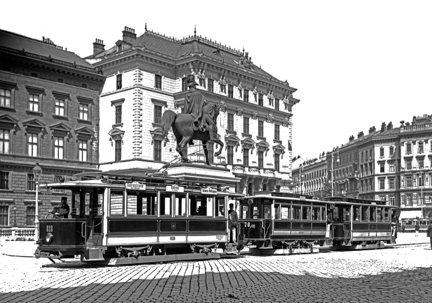 Dreiwagenzug der Type G und Beiwagen t1-1670 und p um 1905 am Schwarzenbergplatz