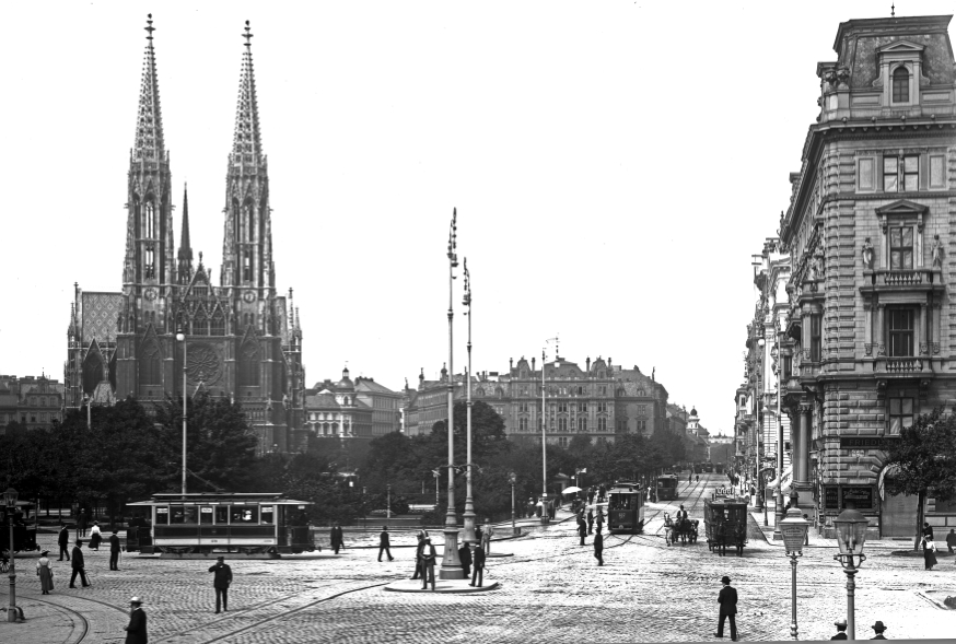 Schottenring, Votivkirche und Züge  der Type G und Beiwagen Type o um 1905