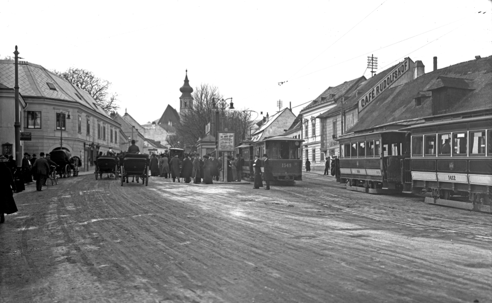 Grinzing Linie 38, alte Endstelle noch ohne Schleifenfahrt, Tw Type G, Beiwagen Typen s2, r und t2, um 1913