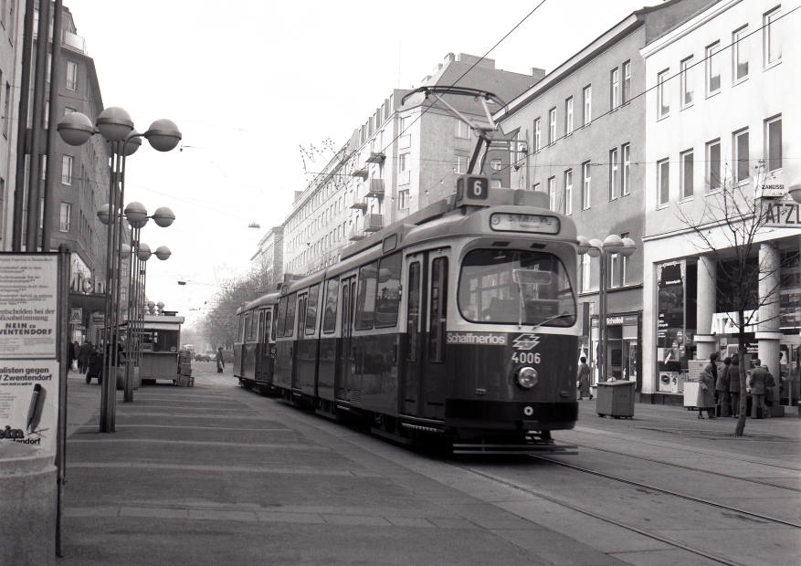 Linie 6 in der Quellenstraße am 16. November 1978