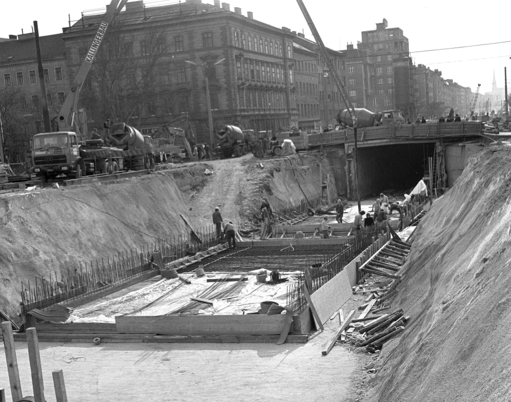 Bau der Linie U1 Lassallestraße im Bereich Mexikoplatz, März 1979