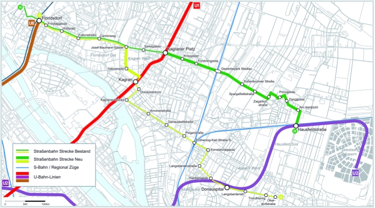 Grafik zur neuen Streckenführung der Straßenbahnlinien 26 und 25 als Querverbindung zwischen Floridsdorf und der Donaustadt.
