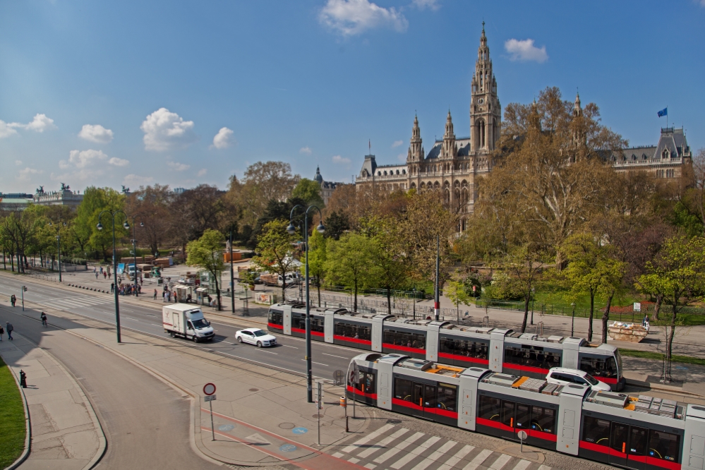 Linie 1 und Linie D mit Type B1  am Uni-Ring mit Rathaus und Rathausplatz, April 2014