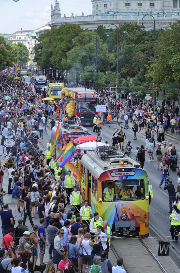 Zwei Sonderzüge der Wiener Linien führen wie jedes Jahr auch die diesjährige Regenbogenparade über die Wiener Ringstraße an.