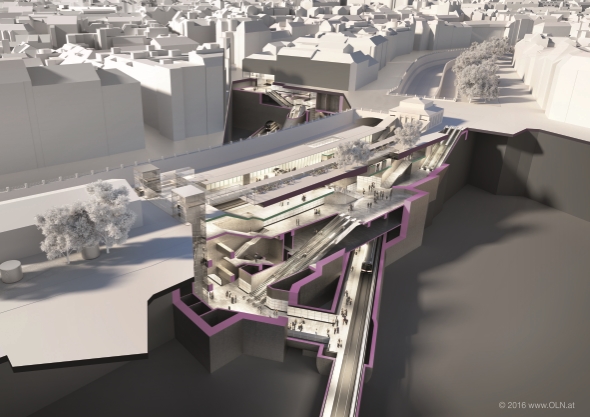 Visualisierung U2 Station Pilgramgasse. 
3D-Visualisierungen geben einen Eindruck, wie die Stationen unterirdisch aussehen werden und wo es in Zukunft an die Oberfläche geht.