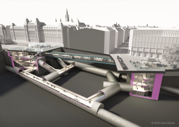 Visualisierung U2 Station Rathaus.
3D-Visualisierungen geben einen Eindruck, wie die Stationen unterirdisch aussehen werden und wo es in Zukunft an die Oberfläche geht.