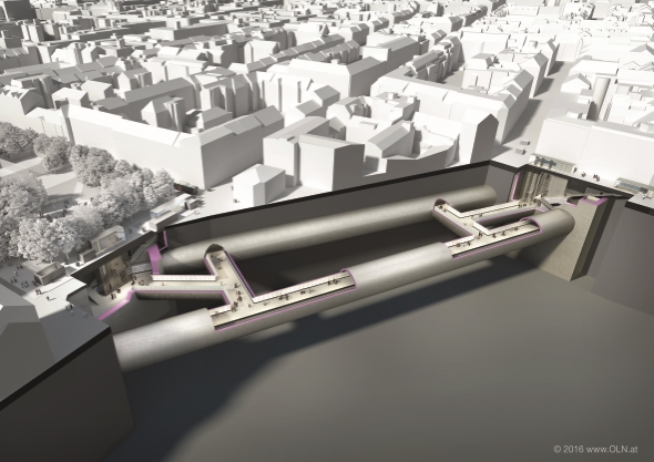 Visualisierung U2 Station Reinprechtsdorfer Straße.
3D-Visualisierungen geben einen Eindruck, wie die Stationen unterirdisch aussehen werden und wo es in Zukunft an die Oberfläche geht.