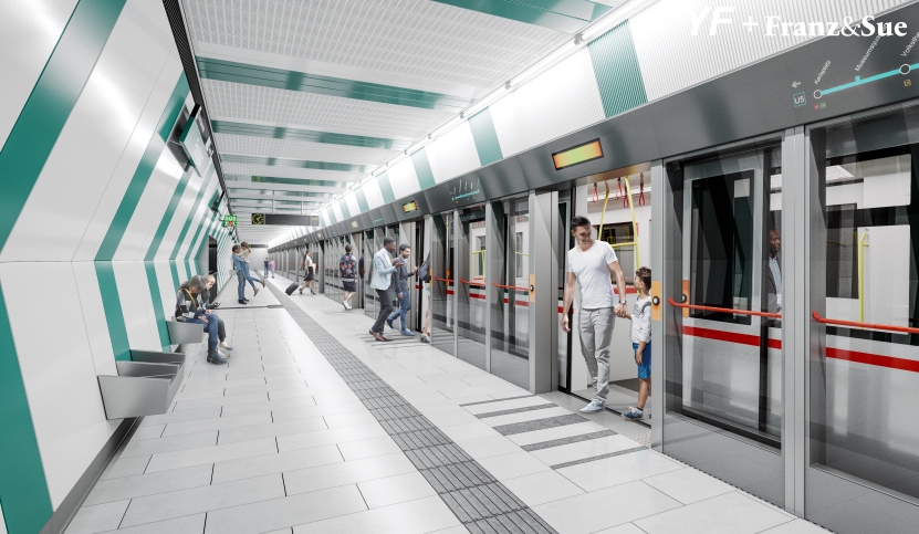 Visualisierung U5 Station Frankhplatz. 3D-Visualisierungen geben einen Eindruck, wie die Stationen unterirdisch aussehen werden und wo es in Zukunft an die Oberfläche geht. Ansicht eines U5-Bahnsteiges mit neuen Bahnsteigtüren
